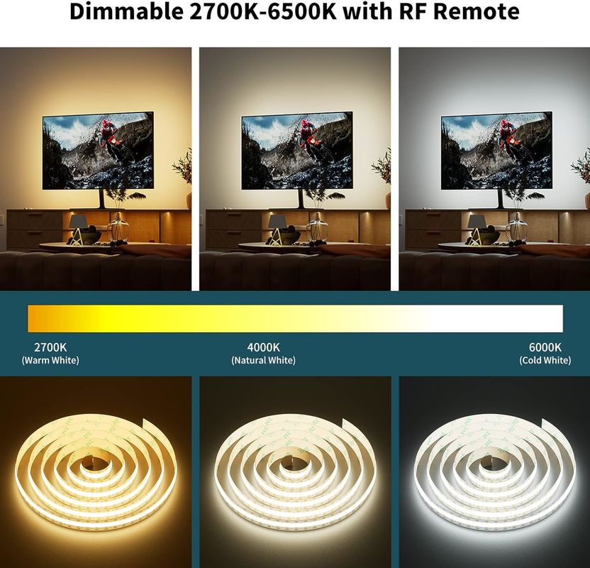 COB LED স্ট্রিপ লাইট CCT টিউনেবল 560LEDs CRI90 2m ডিমমেবল 2700K-6500K 24V LED টেপ লাইট কিট