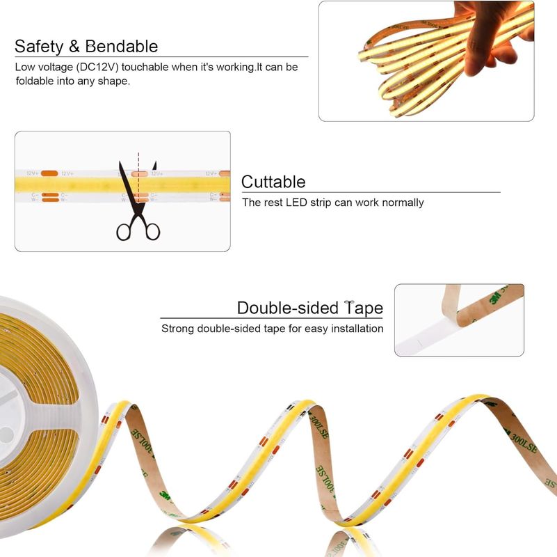 560LEDs COB LED Strip 90 CRI CCT নমনীয় COB 3M অ্যাডাপ্টার এবং মিনি আরএফ কন্ট্রোলারের সাথে