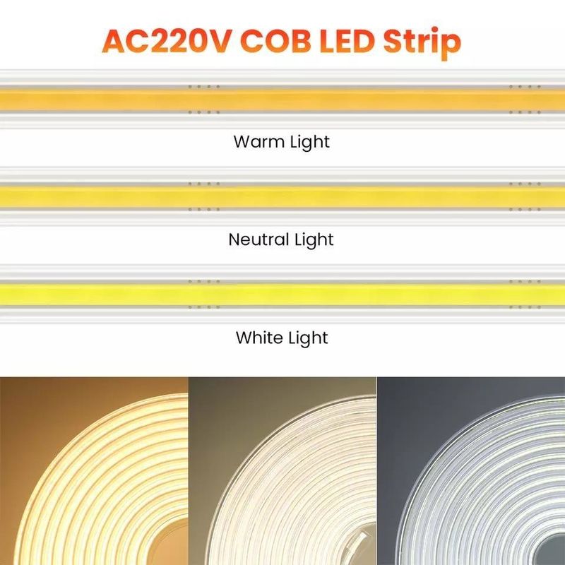 220v 280LEDs/m সাদা/গরম সাদা/নিরপেক্ষ সাদা COB LED স্ট্রিপ সিই RoHS 100m 50m উচ্চ ভোল্টেজ