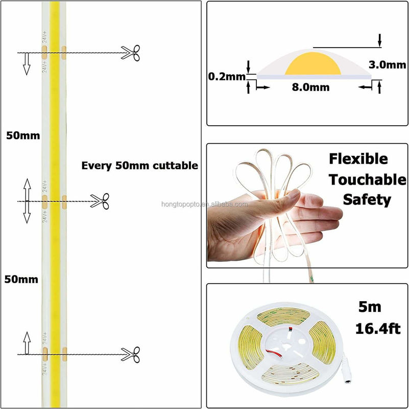কোন চাপ ড্রপ COB LED স্ট্রিপ DC24V CRI90 312LEDs/m 10 মিটার কাজ সময় 30000 ঘন্টা